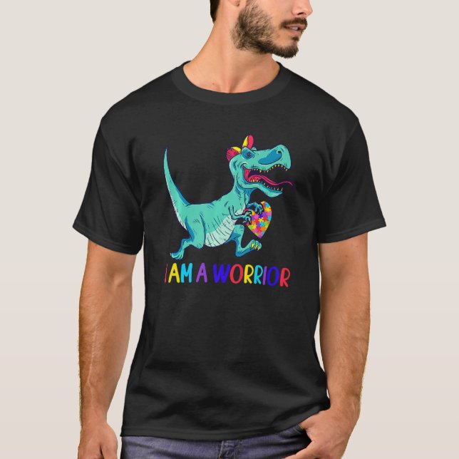 Autismus Bewusstsein ich bin ein Krieger-Rex-Dino- T-Shirt (Vorderseite)