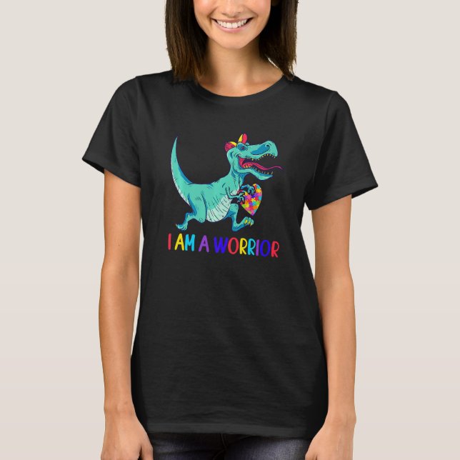 Autismus Bewusstsein ich bin ein Krieger-Rex-Dino- T-Shirt (Vorderseite)