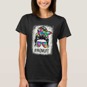 Autismus Bewusstsein Momlife Messy Bun Puzzle Beac T-Shirt