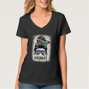 Autismus Bewusstsein Momlife Messy Bun Puzzle Beac T-Shirt