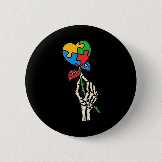 Autismus Bewusstsein Schädelhand Rose Autismus Puz Button (Vorderseite)
