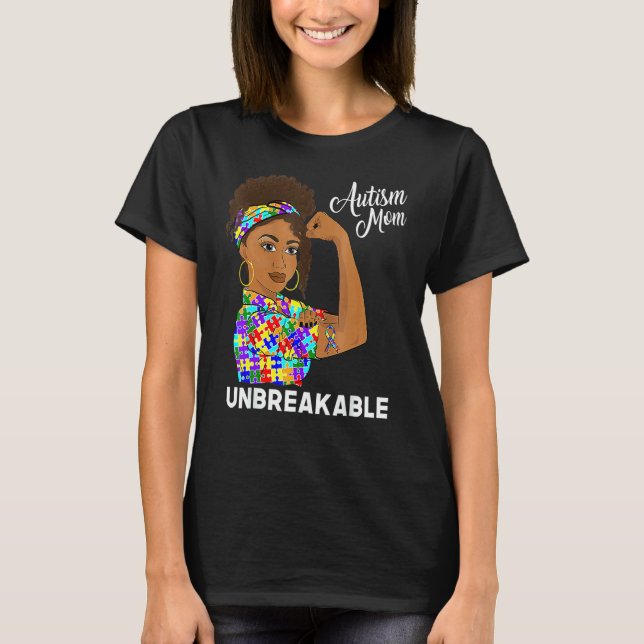 Autismus-Bewusstsein Starke Mutter Afro-Mutter Sch T-Shirt (Vorderseite)