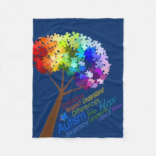 Autismus-Bewusstseins-Puzzlespiel-Baum mit Wörtern Fleecedecke (Vorderseite)