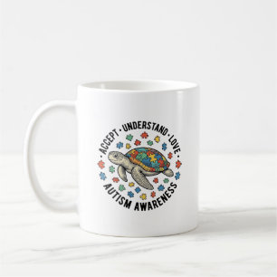 Autismus-Bewusstseins-Schildkröten-Puzzle-Vektorde Kaffeetasse