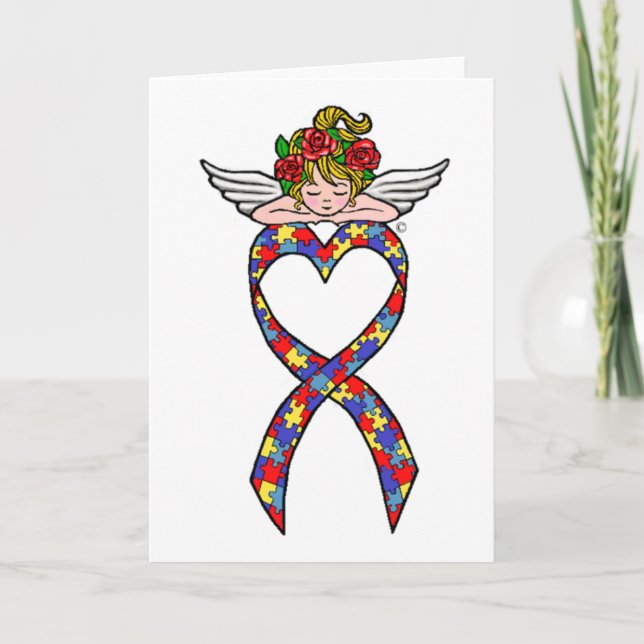 Autismus Herz Ribbon Angel Karte (Vorderseite)