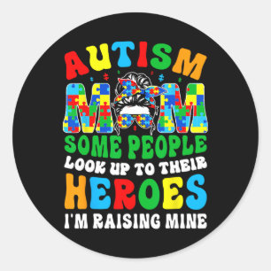 Autismus Mama Raising Hero Groovy Messy Bun Autism Runder Aufkleber