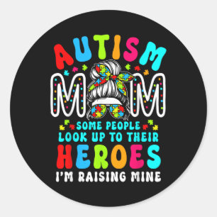 Autismus Mama Raising Hero Groovy Messy Bun Autism Runder Aufkleber