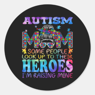 Autismus Mama Raising Hero Groovy Messy Bun Autism Runder Aufkleber