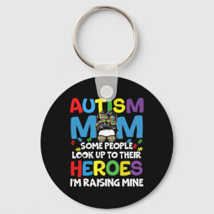 Autismus Mama Raising Hero Groovy Messy Bun Autism Schlüsselanhänger
