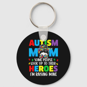 Autismus Mama Raising Hero Groovy Messy Bun Autism Schlüsselanhänger