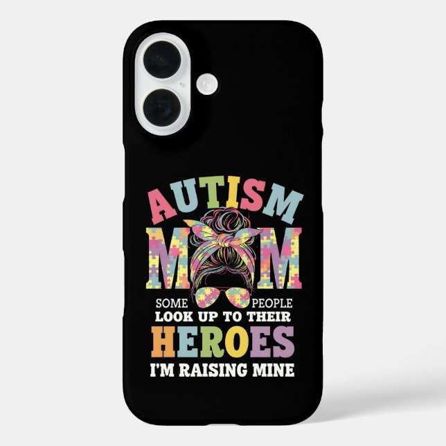 Autismus Mama Raising Hero Messy Bun Autistic iPhone 16 Hülle (Rückseite)