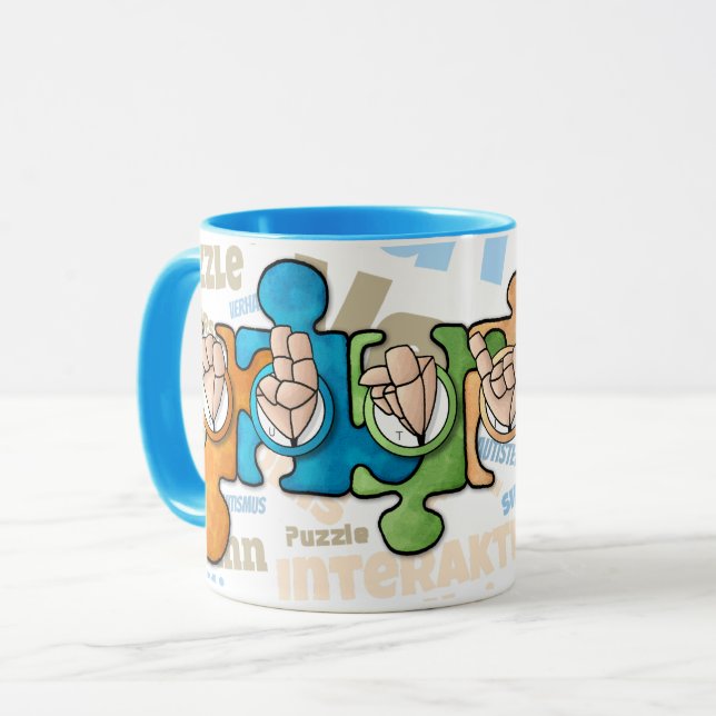 Autismus mit den Fingeralphabeten Tasse (Vorderseite Links)