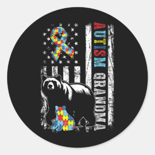 Autismus Oma Bär mit Puzzles & Amp; US-Flagge Runder Aufkleber
