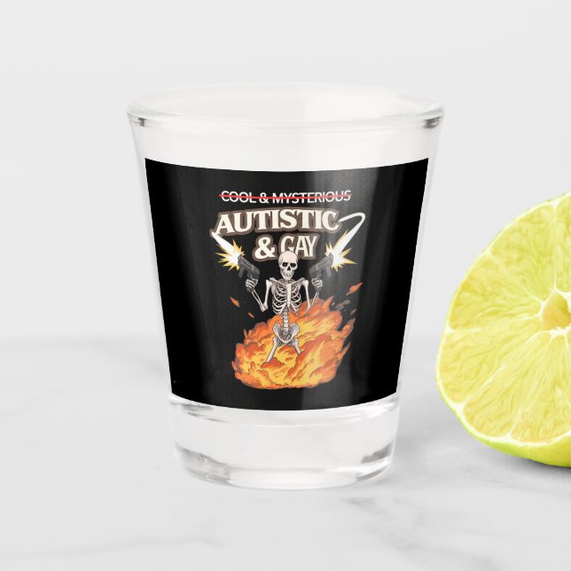 Autistic and Gay Skeleton Funny Autismus Bewusstse Schnapsglas (Vorderseite)