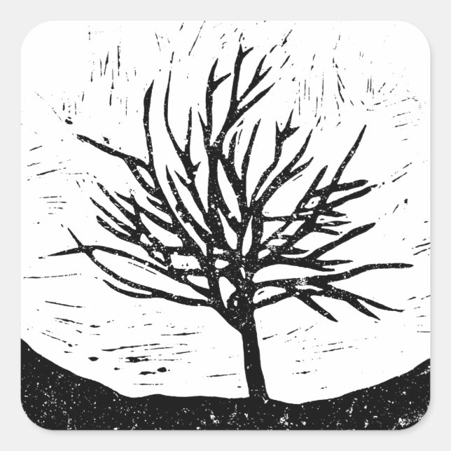 Autmnal Tree Lino Print Quadratischer Aufkleber (Vorderseite)