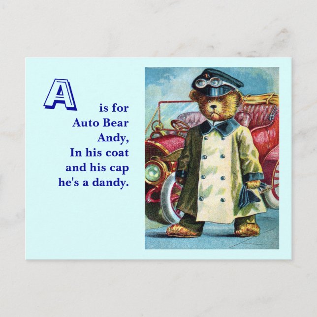 Auto Bear Andy - Letter A - Vintager Teddybär Postkarte (Vorderseite)