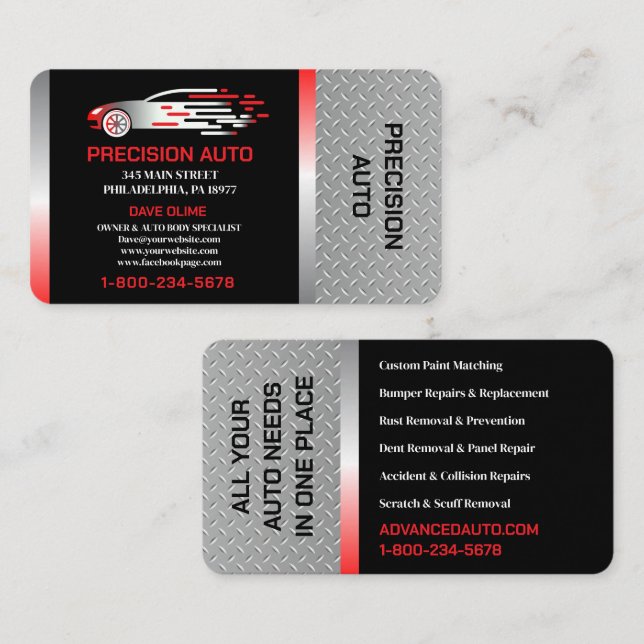 Auto Body Work Custom Car Paint Detection Collison Visitenkarte (Vorne/Hinten)
