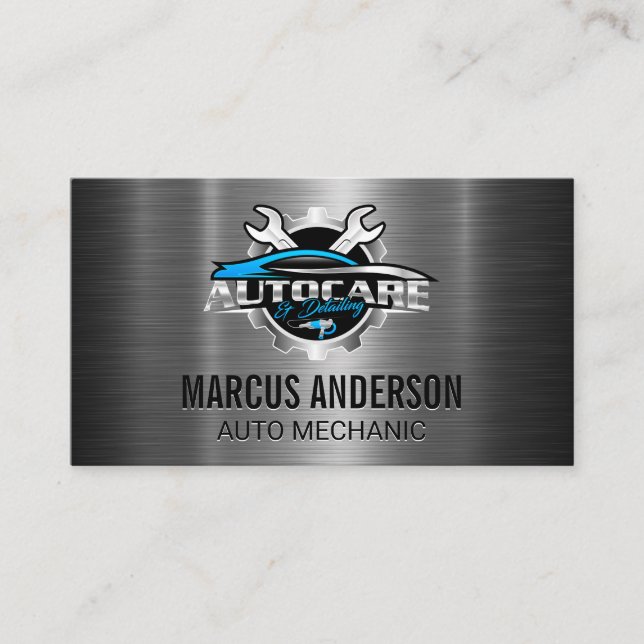 Auto Car Wrench Logo | Silber-Metallic Visitenkarte (Vorderseite)