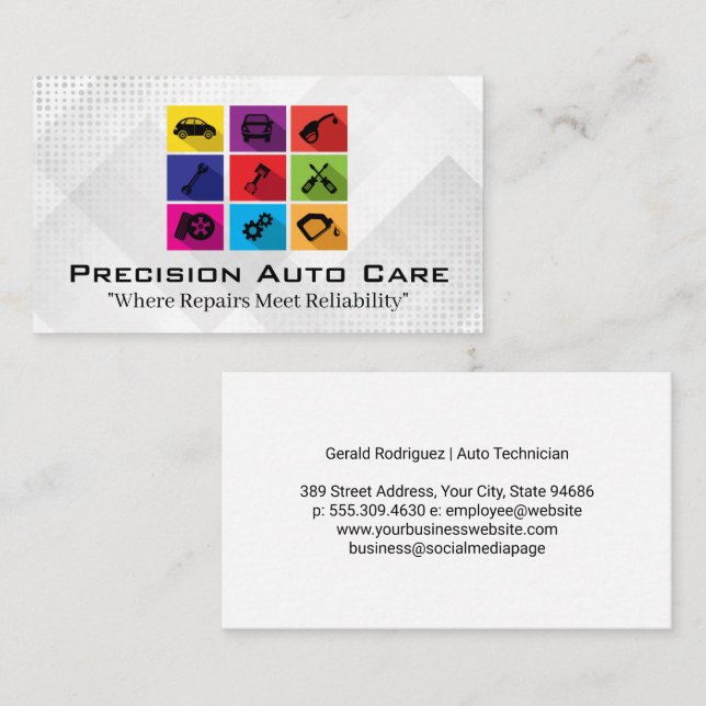 Auto Care Service | Farbenfrohe Reparatursymbole Visitenkarte (Vorne/Hinten)