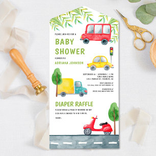 Auto LKW Roller Fahrzeuge Transport Baby Shower All In One Einladung