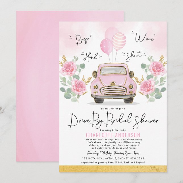 Auto mit dem Brautparty rosa Blumenwagen Einladung (Vorne/Hinten)