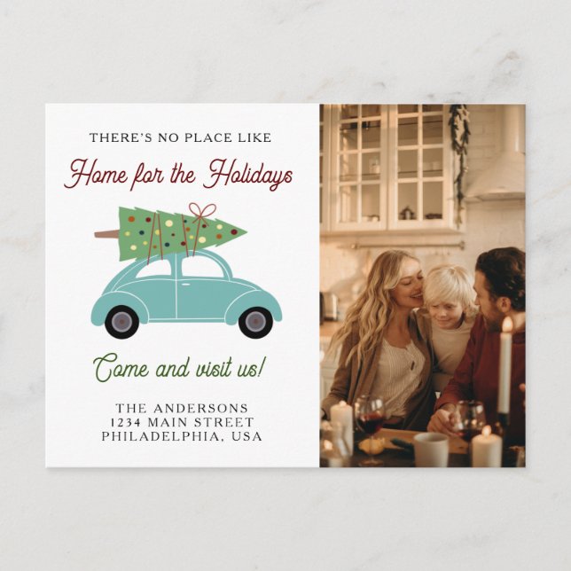 Auto mit Weihnachtsbaum Foto Holiday Moving Ankündigungspostkarte (Vorderseite)
