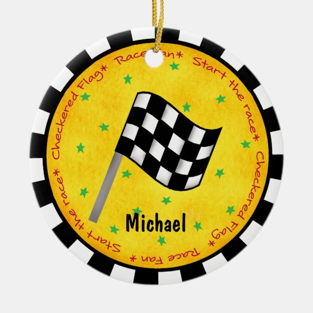 Auto-Rennen-Fan-Checkered Flaggen-Namen-Jahr Keramik Ornament (Vorne)