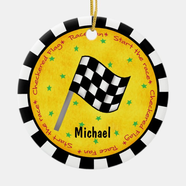 Auto-Rennen-Fan-Checkered Flaggen-Namen-Jahr Keramik Ornament (Vorne)