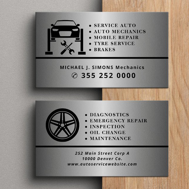 Auto repair professional mechanic silver metal visitenkarte (Von Creator hochgeladen)