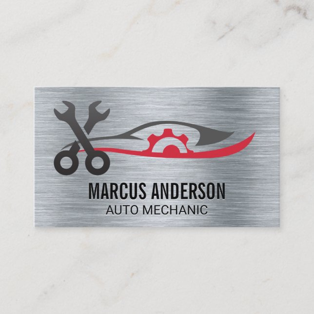Auto-Reparatur-Logo | Metallic Brushed | Wrenches Visitenkarte (Vorderseite)