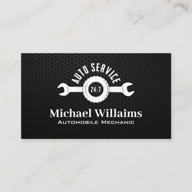 Auto Service Wrench Logo | Carbon Fiber Background Visitenkarte (Vorderseite)