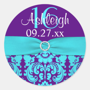 Autocollant 1,5" pourpre, turquoise Damask Sweet 1