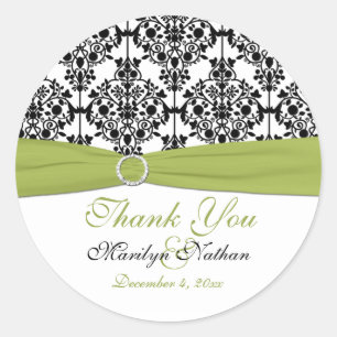 Autocollant 3" rond vert, blanc et noir Damask