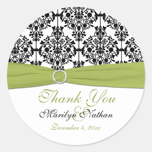 Autocollant 3" rond vert, blanc et noir Damask (Devant)