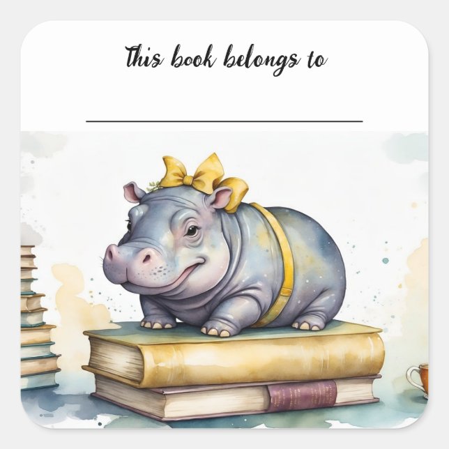 Autocollant à plaques de livres et d'hippopotames  (Devant)