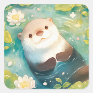 Autocollant Adorable Loutre avec Nymphéas