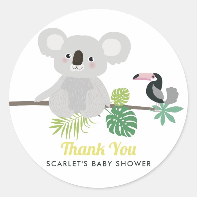 Autocollant Aloha Koala & Toucan Baby shower Merci (Devant)