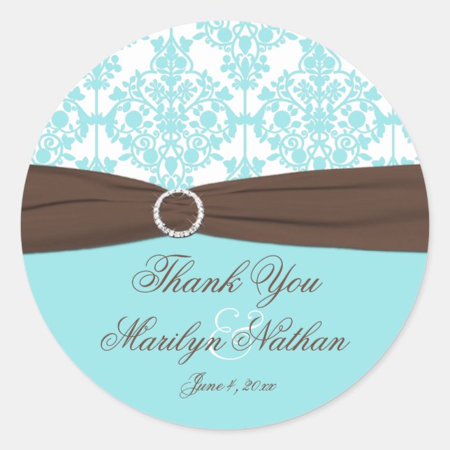 Autocollant Aqua Blue, Mariage damassé Blanc Favor (Devant)