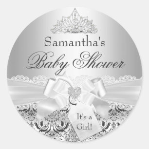 Autocollant Baby Shower Argent Damassé & Tiare