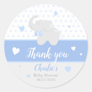 Autocollant Baby shower éléphant Merci bleu garçon