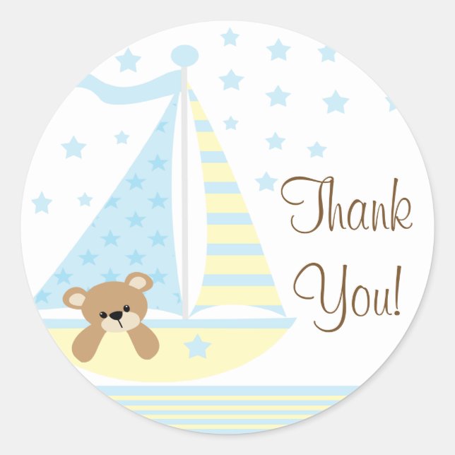 Autocollant Baby shower Merci Blue Sailboat (Devant)