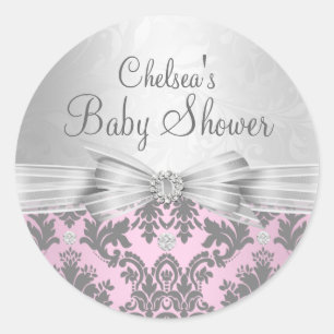 Autocollant Baby Shower Rose & Argent Damassé