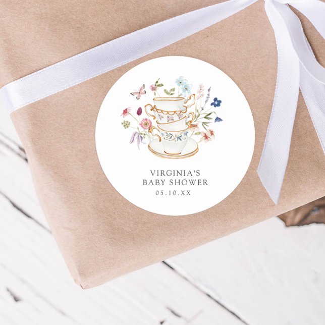 Autocollant Baby Shower Tea Party (Watercolor Wildflower Tea Party Baby Shower Sticker by Painted Paperie)