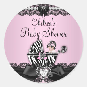 Autocollant Baby Shower Zèbre Rose & Dentelle