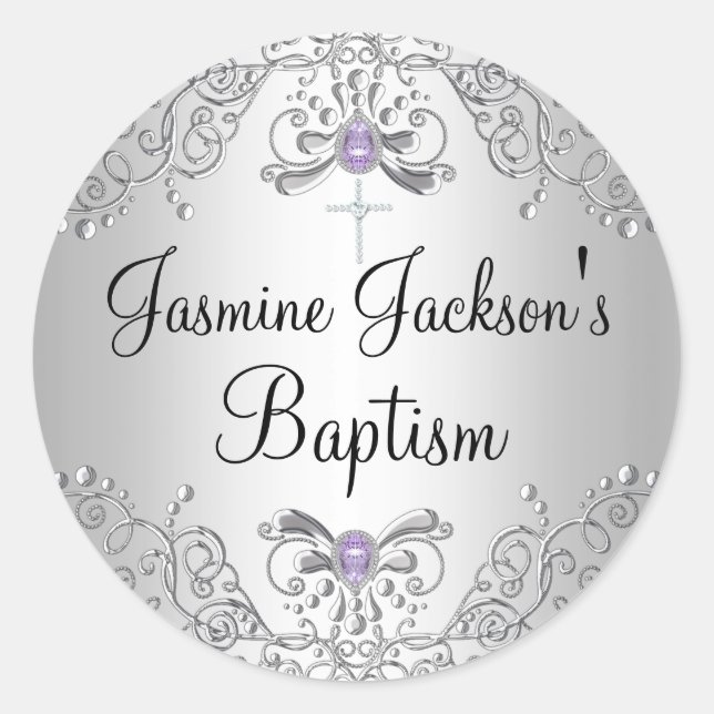 Autocollant Baptême pour bijou violet et argent (Devant)