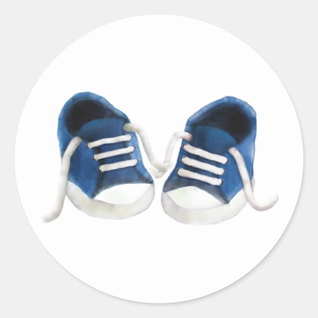 Autocollant baskets bébé bleu, étiquette cadeau po (Devant)
