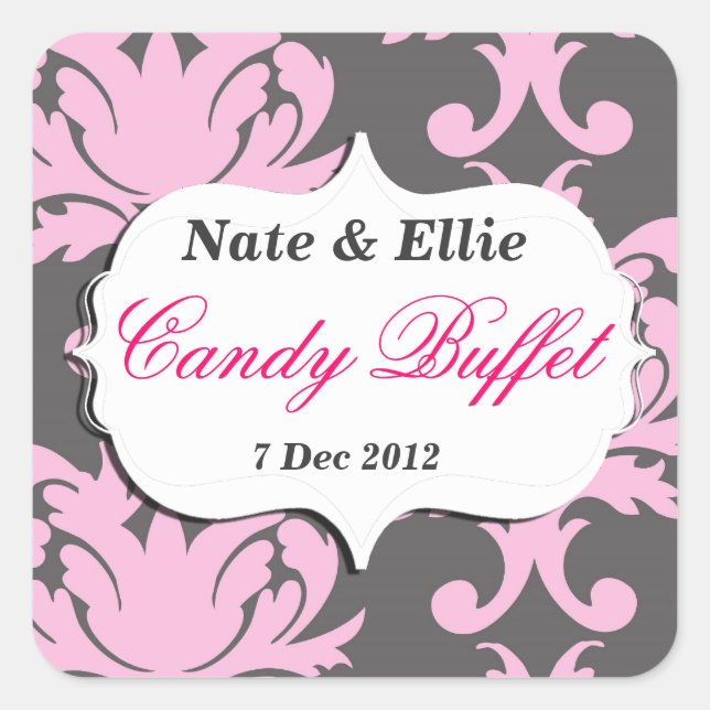 Autocollant buffet pour bonbons rose et gris Damas (Devant)