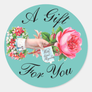 Autocollant cadeau victorien rose rose et main Vin