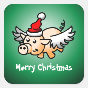 Autocollant carré classique Flying Pig Christmas