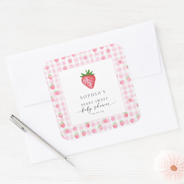 Autocollant Carré de Baby shower de fraise Berry S (Enveloppe)